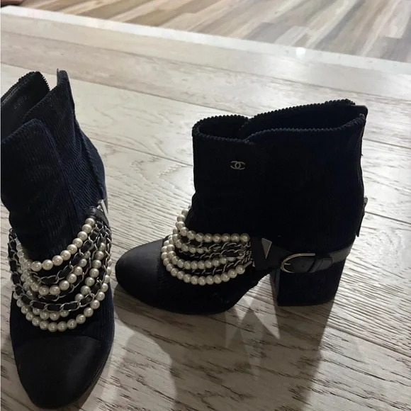 CHANEL Black Ankle Boots with Pearl Accents, dark Navy color - Picture 2 of 2